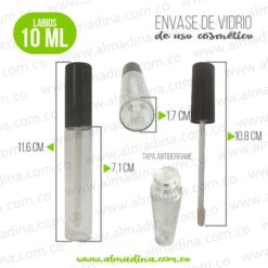 Envase Vidrio Brillo Labios 10 ml Transparente Tapa Negra