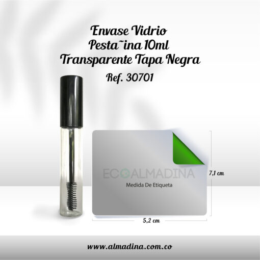 Envase Vidrio Pestañina 10ml Transparente Tapa Negra ref 30701