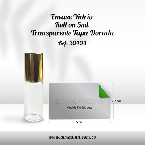 nvase Vidrio Roll On 5ml Transparente Tapa Dorada