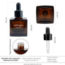Envase Vidrio Gotero Ámbar 30 ml Cuadrado Tapa Negra (12 Unidades)