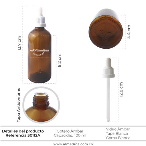 Envase Gotero Ámbar de 100ml, tapa blanca REF 30112A