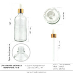 Gotero 100ml Transparente Tapa Dorada Ref 30115