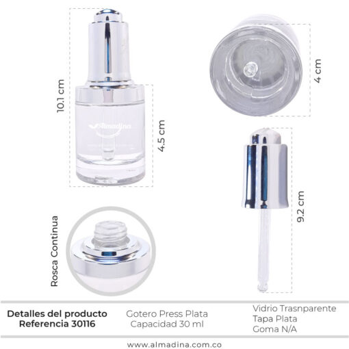 Gotero 30ml Transparente Tapa Plata Red 30116