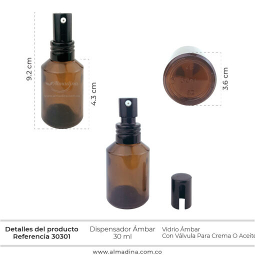 Envase Dispensador Ámbar 30ml, valvula Aluminio Ref 30301