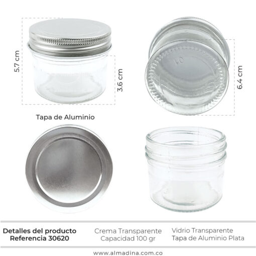 Envase Crema 100gr, tapa aluminio Plata Ref 30620