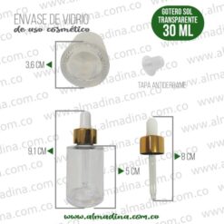 Envase Vidrio Gotero 30 ml Transparente Sol Tapa Dorada