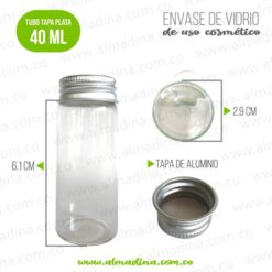 Envase Vidrio Tubo 40 ml Transparente Tapa Plata Aluminio