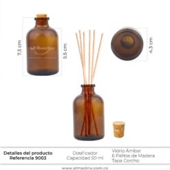 Difusor Ámbar 50ml+ Palitos Bambú + corcho (12 Unidades)