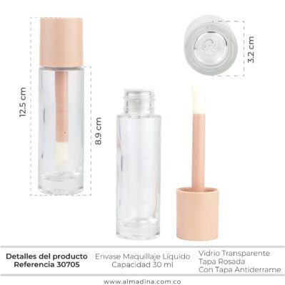 Envase vidrio 30ML para Maquillaje Líquido tapa Rosada (12 Unidades)
