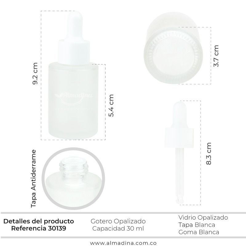 Ref 30139 Gotero Opalizado 30ml tapa Blanca